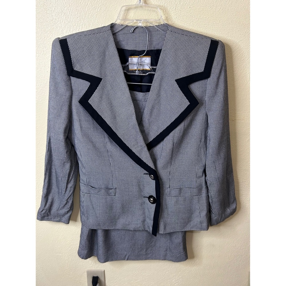 Jacqueline Ferrar Vintage Houndstooth Skirt Suit Set Black White Size 6